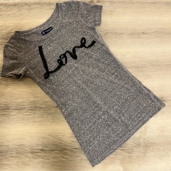 Vintage AMERICAN EAGLE XS Heather Gray Short Sleeve Ribbon “Love” Baby Tee Y2K - Picture 1 of 9